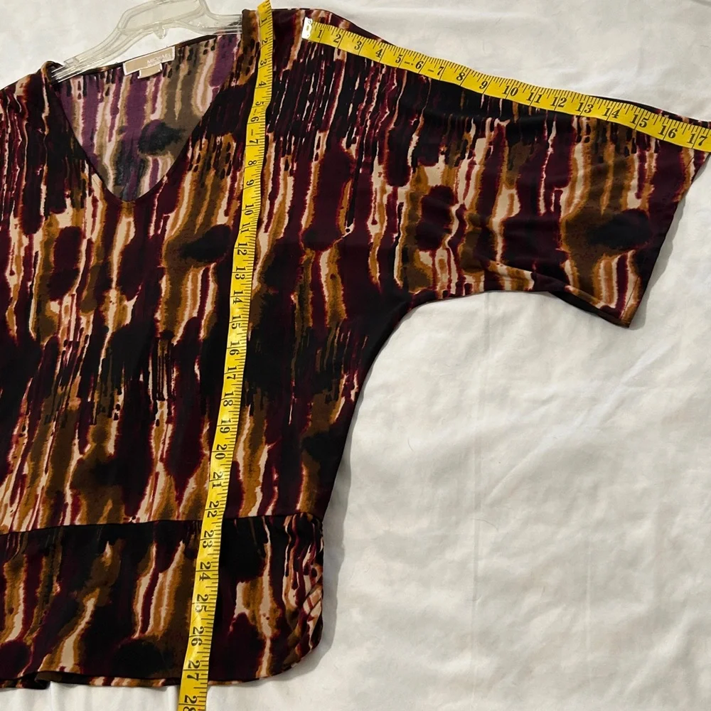 Michael Kors Merlot Purple Brown Black Tan Brown Abstract Dolman Sleeve Blouse